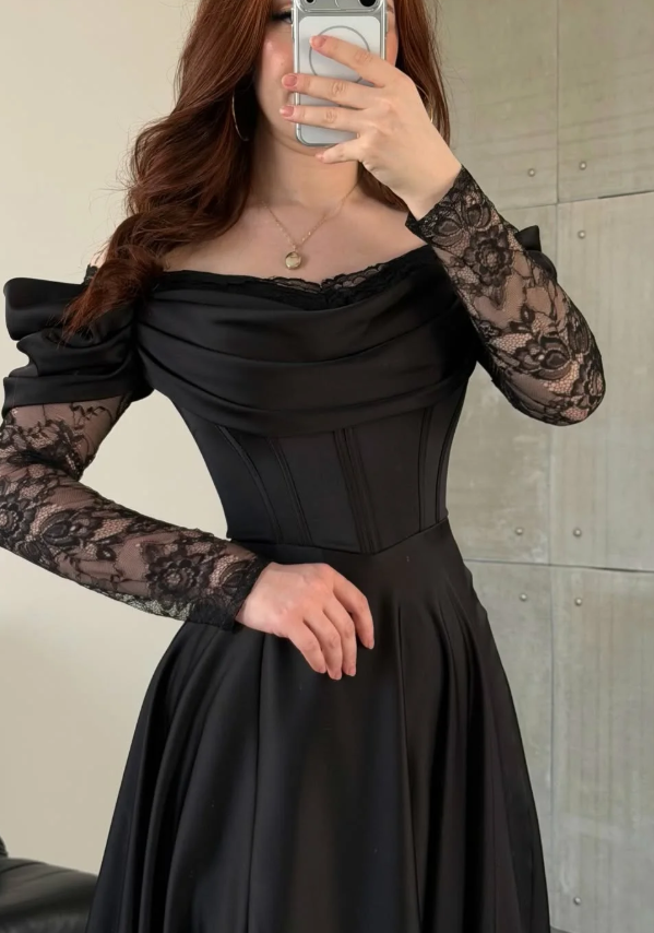 Elegant Black A Line Long Sleeve Lace Satin Prom Dress Eveening Dress DP5632