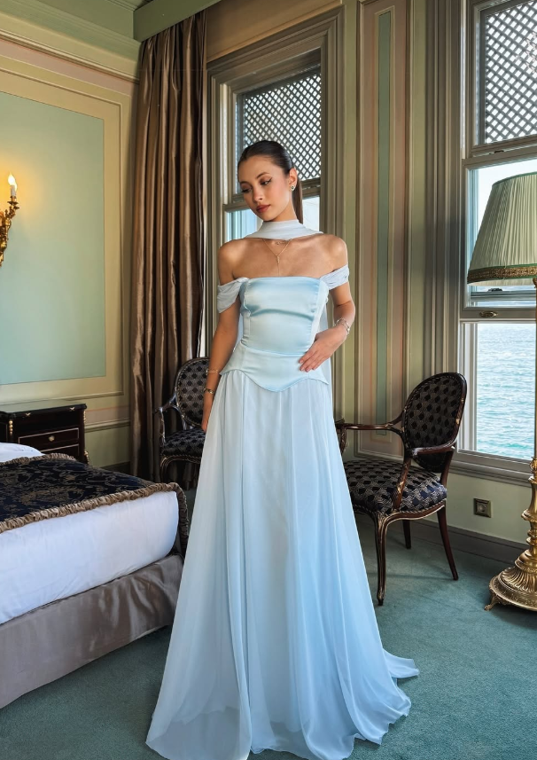 Elegant Baby Blue A Line Off the Shoulder Chiffon Satin Prom Dress Evening Dress Formal Dress DP3211