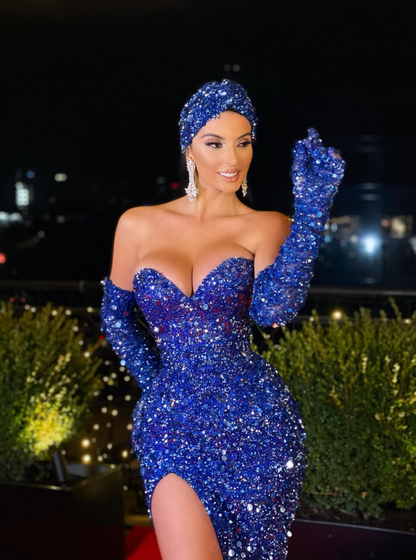 Sexy Royal Blue Sheath Sweetheart Neck Sequin Prom Dress Evening Dress with Slit DP5598