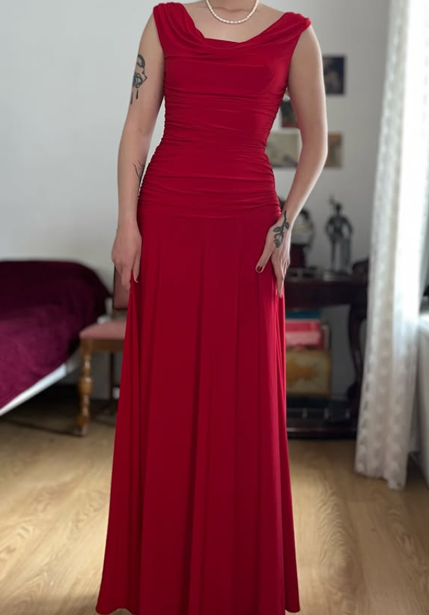 Simple Red A Line Pleated Satin Prom Dress Evening Dress Date Dress DP5709