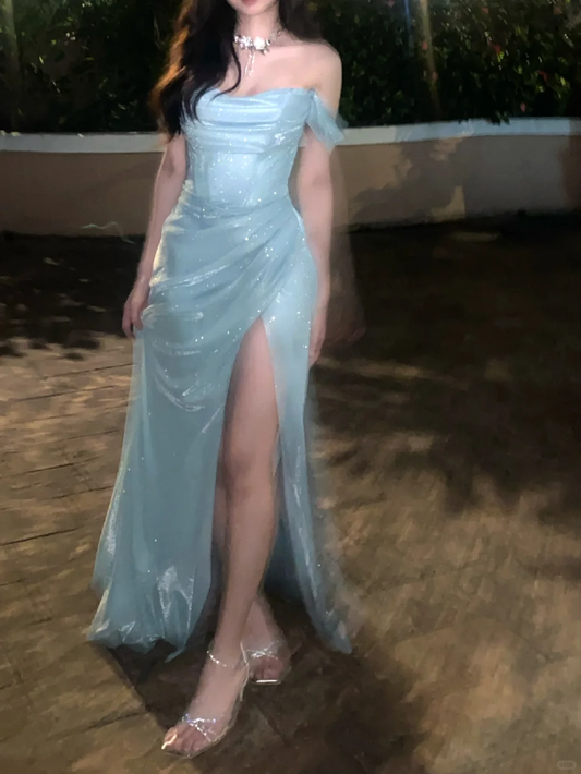 Baby Blue A Line Off the Shoulder Sequin Satin Long Prom Dress Graduation Prom Dress DP1964
