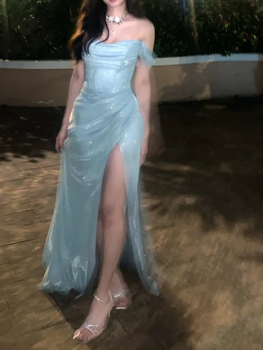 Baby Blue A Line Off the Shoulder Sequin Satin Long Prom Dress Graduation Prom Dress DP2881