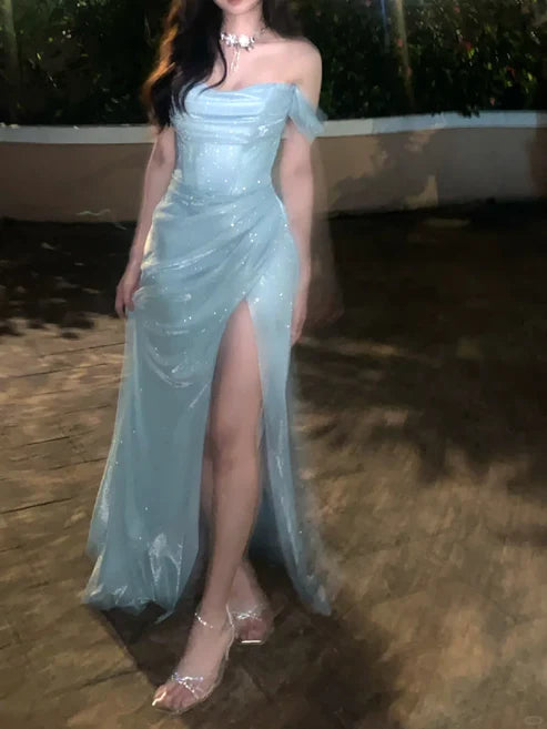 Navy Blue A Line Off the Shoulder Sequin Satin Long Prom Dress Graduation Prom Dress DP5742