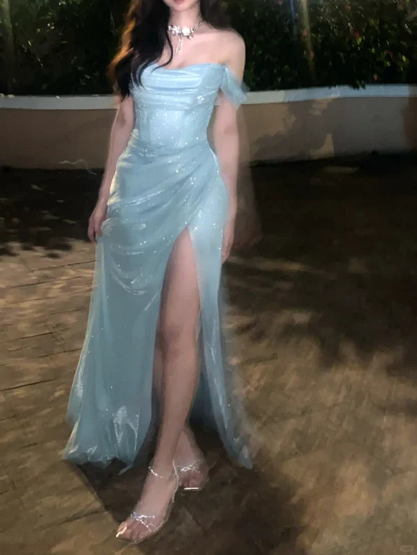 Navy Blue A Line Off the Shoulder Sequin Satin Long Prom Dress Graduation Prom Dress DP5082
