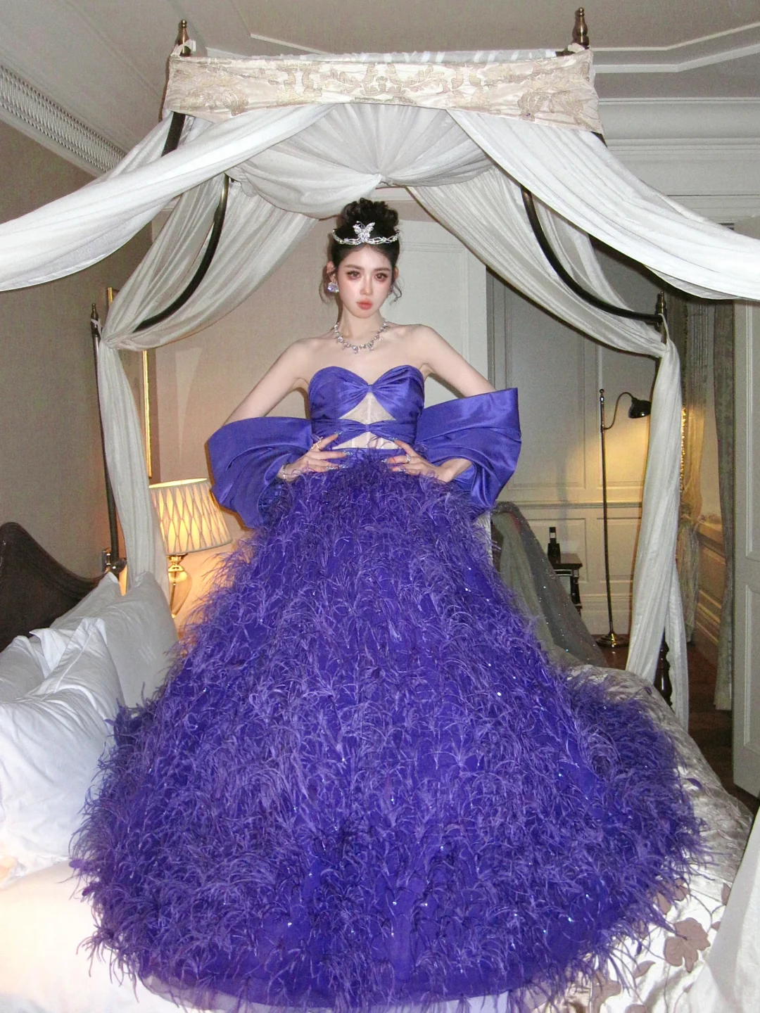 Charming A Line Sweetheart Neck Grape Purple Feather Satin Ball Gown Prom Dress DP2521
