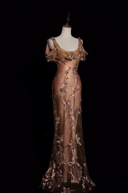 Vintage Brown A Line Straps Beaded Sequin Tulle Satin Long Prom Dress Party Dress DP4468