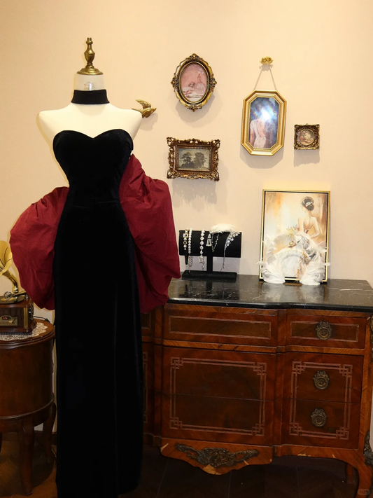 Elegant Sheath Sweetheart Neck Black Velvet Burgundy Satin Prom Dress 16th Birthday Dress DP3907