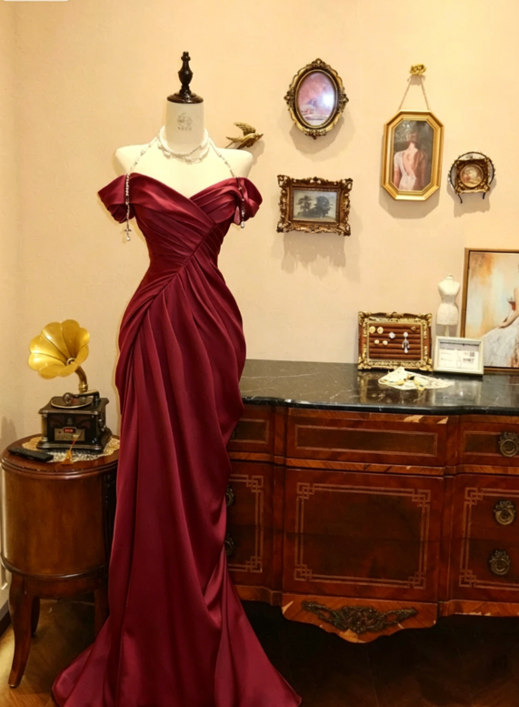 Elegant Mermaid Off the Shoulder Pearl Pleated Satin Prom Dress 21th Birthday Dress DP3917