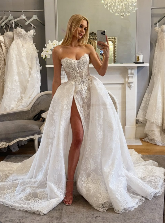 Elegant A Line Sweetheart Neck Lace Wedding Dress with Slit DP6069
