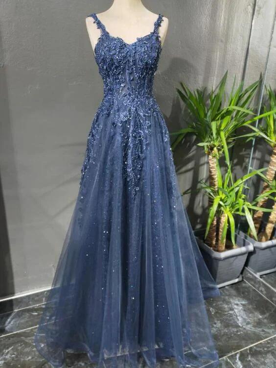 Blue Tulle Applique Long Evening Dress Formal Prom Dress DP127