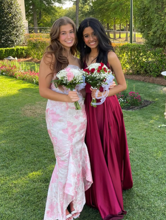 Mermaid Sweetheart Neck Pink Print Floral Long Prom Dress Evening Dress DP1426