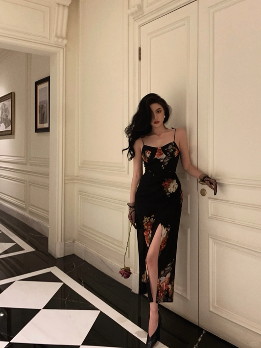 Sexy Sheath Spaghetti Strap Print Floral Black Chiffon Prom Dress Party Dress Outfits DP4138