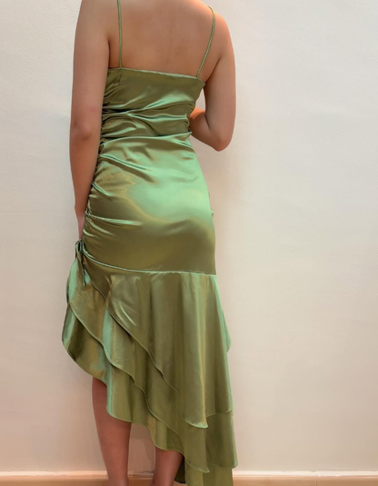 Vintage Sheath Spaghetti Strap Ruffles Green Satin Prom Dress Evening Dress DP1631
