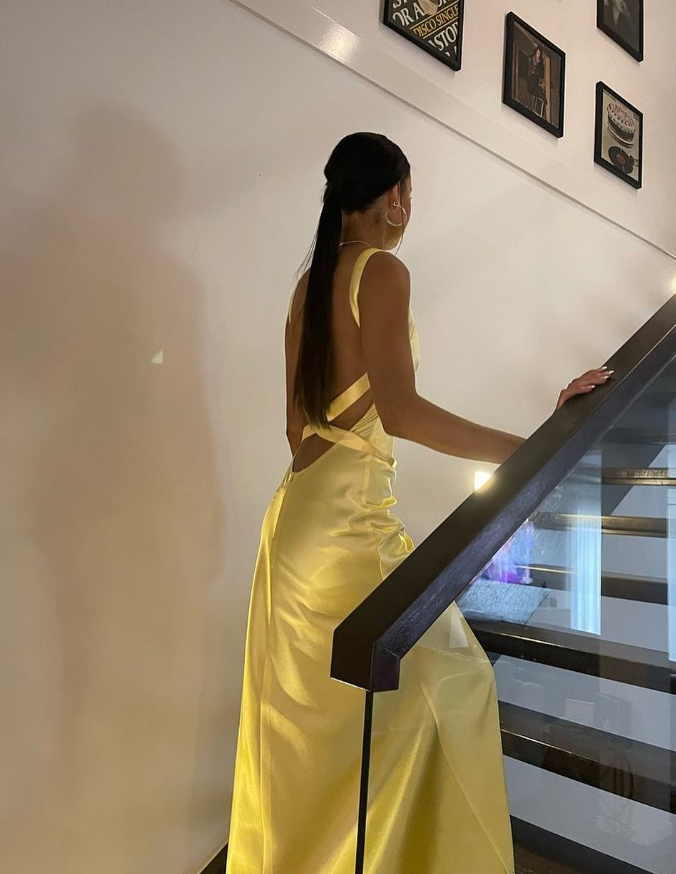 Yellow Mermaid Spaghetti Strap Satin Open Back Long Prom Dress Graduation Prom Dress DP1963
