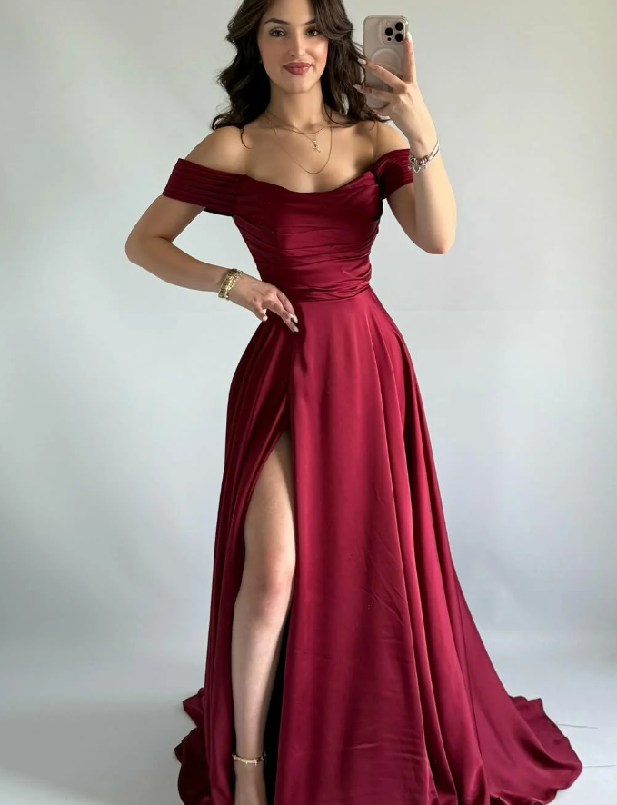 Simple Burgundy A Line Off the Shoulder Satin Prom Dress Evening Dress DP5259