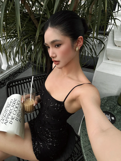 Sexy Black Sheath Spaghetti Straps Sequin Satin Short Homecoming Dress Cocktail Dress DP2880