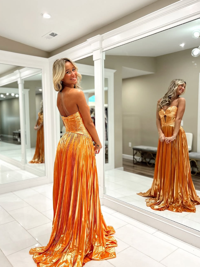 Stunning A Line Sweetheart Neck Orange Satin Long Prom Dress Evening Dress DP1852