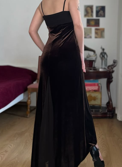 Vintage Sheath Spaghetti Strap Brown Velvet Prom Dress Evening Dress DP5725