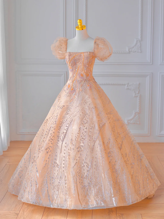 Orange A Line Puff Sequin Beaded Tulle Long Prom Dress Party Dress DP2724