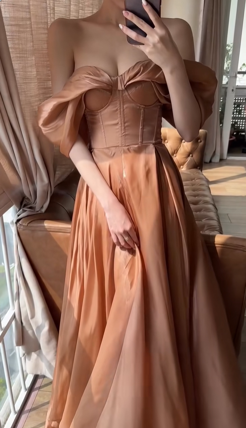 Stunning Light Brown A Line Off the Shoulder Satin Long Prom Dress Party Dress Outfits DP4524
