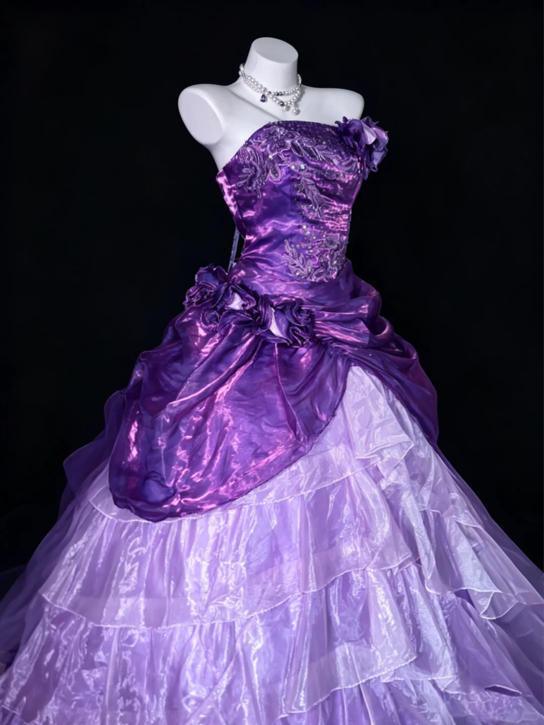 Vintage A Line Strapless Beaded Layered Organza Satin Prom Dress Party Evening Dress DP5345