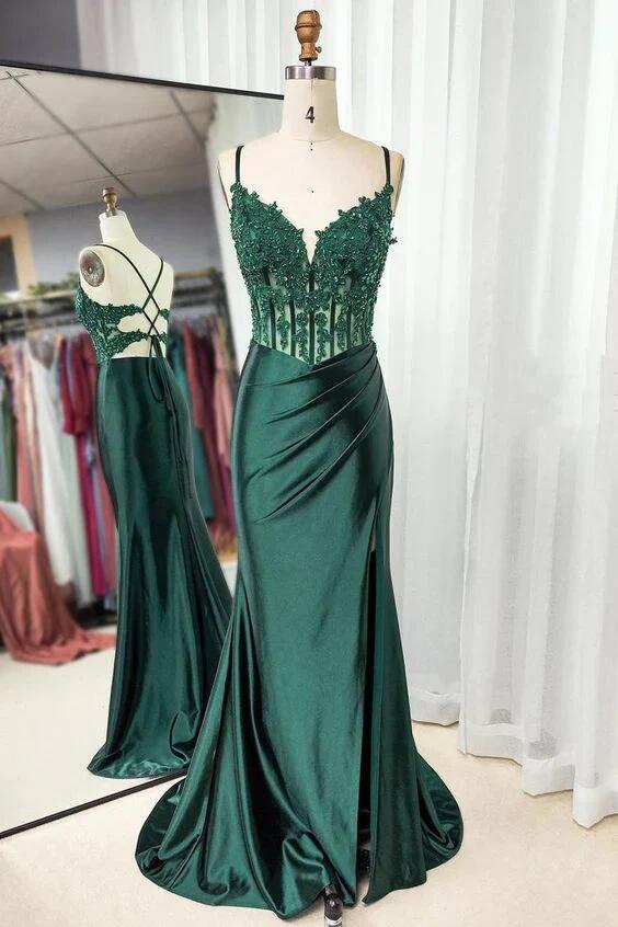 Green Spaghetti Straps Satin Mermaid Appliques Ruched Long Evening Dress Slit Prom Dress DP149