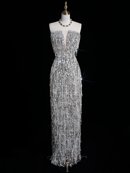 Shiny Sheath Strapless Silver Sequin Long Prom Dress Evening Dress DP2094