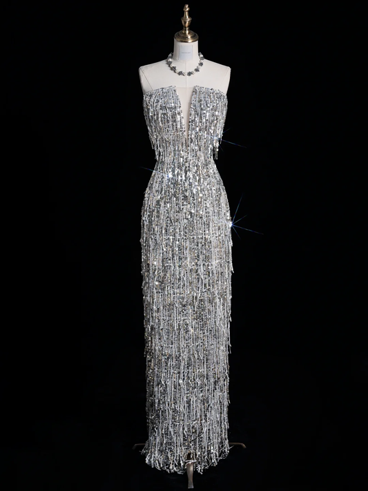 Shiny Sheath Strapless Silver Sequin Long Prom Dress Evening Dress DP2094