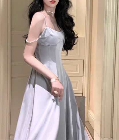 Classic Blue A Line Spaghetti Strap Beaded Satin Prom Dress Wedding Guest Dress DP4486