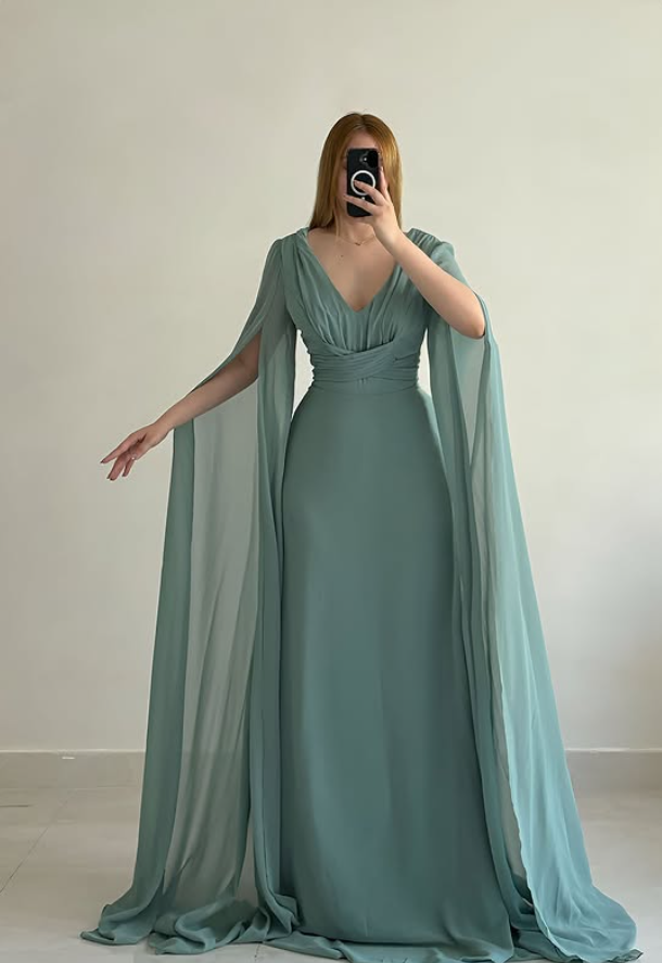 Vintage Simple Blue A Line Long Sleeve Chiffon Prom Dress Evening Dress DP6419