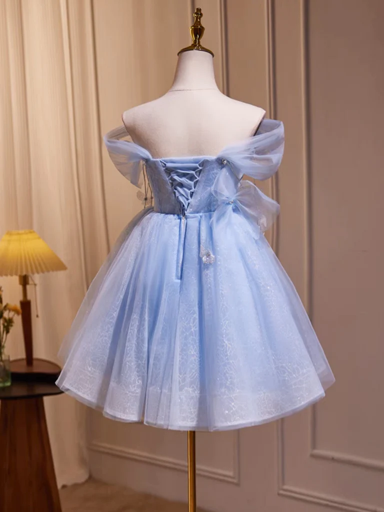 Fairy Off Shoulder Tulle Short Blue Prom Dress Homecoming Dress DP032