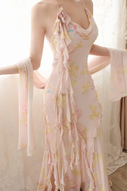 Vintage Mermaid Spaghetti Strap Beaded Light Pink Chiffon Prom Dress Evening Dress DP8259