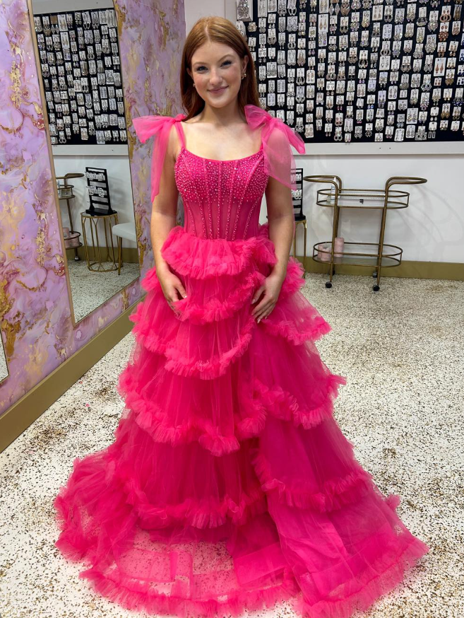 Cute Hot Pink A Line Spaghetti Strap Beaded Layered Tulle Long Prom Dress Evening Dress DP6570