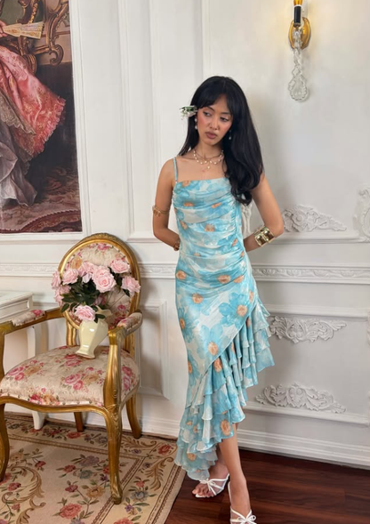 Cute Blue Print Floral Sheath Straps Ruffle Chiffon Prom Dress Evening Dress DP5129
