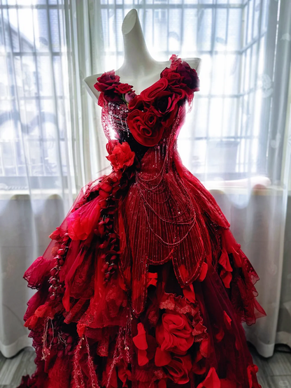 Exquisite Burgundy Ball Gown V Neck Floral Beaded Tulle Prom Dress 18th Birthday Dress DP4148