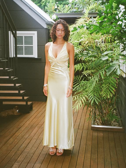 Sexy Yellow Sheath Strap Satin Open Back Prom Dress Evening Dress DP5503