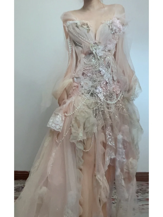 Flowy Exquisite A Line Long Sleeve Floral Beaded Tulle Prom Dress Party Dress DP3762