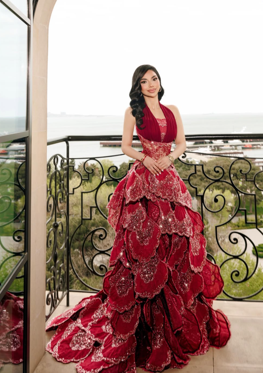 Stunning Red Ball Gown Halter Layered Beaded Tulle Long Prom Dress Evening Dress DP6062