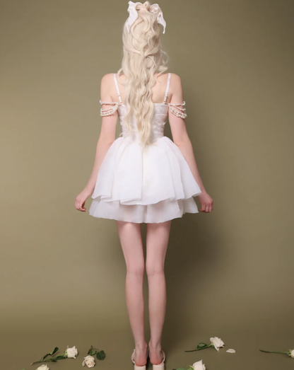 Fairy A Line Straps White Pearl Organza Satin Short Homecoming Dress Cocktail Dress DP2635