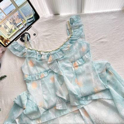 Blue A Line Spaghetti Strap Beaded Layered Chiffon Vacation Dress Homecoming Dress Outfits DP3547