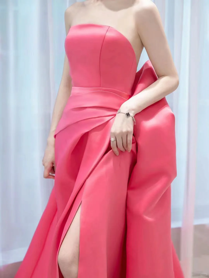 Cute A Line Strapless Bow Pink Satin Long Party Dress Birthday Dress with Slit DP2425