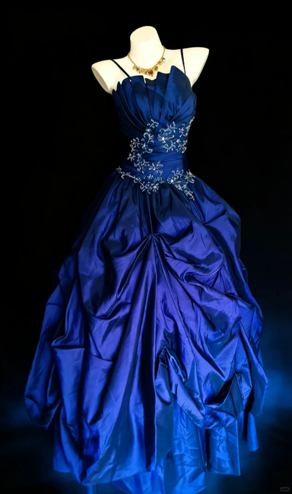 Vintage A Line Spaghetti Straps Beaded Dark Blue Satin Prom Dress Evening Dress DP4725
