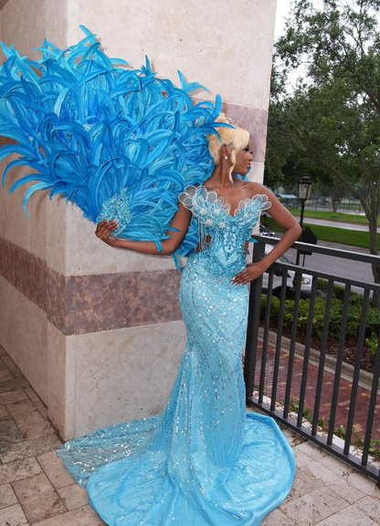 Chic Mermaid Strapless Shiny Beaded Sequin Tulle Long Sweep Prom Dress DP5053