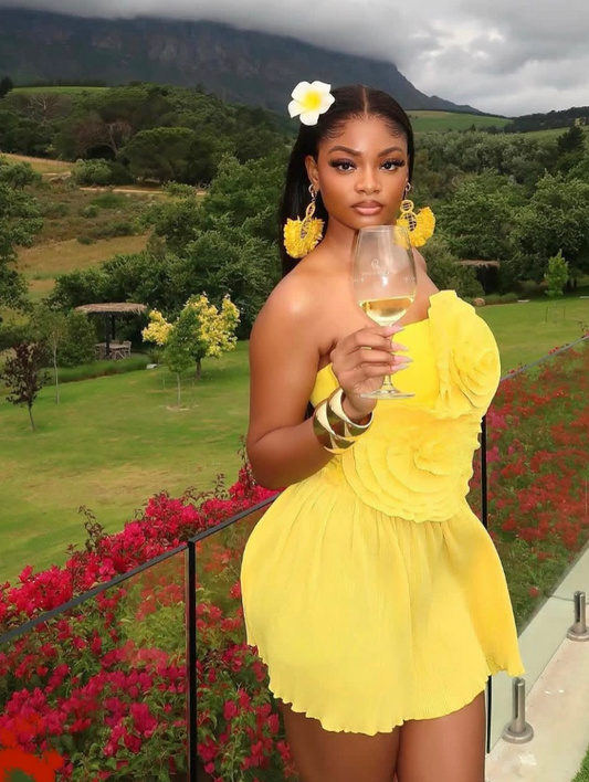 Inspiration A Line Strapless 3D Floral Yellow Satin Short Homecoming Dress DP1773