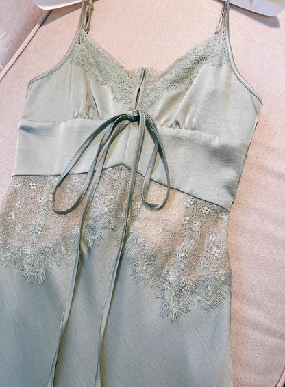 Sexy Green Mermaid Spaghetti Strap Lace Satin Prom Dress Wedding Guest Dress DP4485