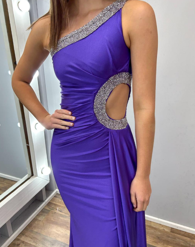 Sexy Purple Mermaid One Shoulder Beaded Satin Slit Long Prom Dress Evening Dress DP6524
