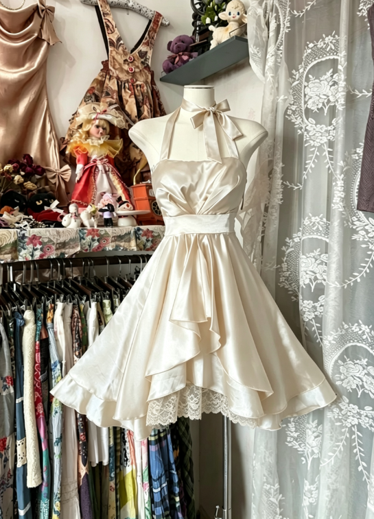 Vintage A Line Halter Navy Blue Satin Short Homecoming Dress Party Dress DP4989