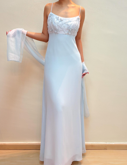 Baby Blue Sheath Spaghetti Straps Appliques Chiffon Prom Dress Evening Dress DP1790