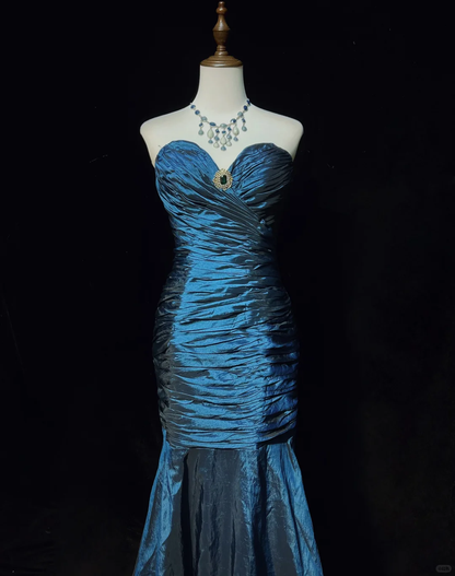 Vintage Mermaid Sweetheart Neck Pleated Navy Blue Satin Prom Dress Party Dress DP2770