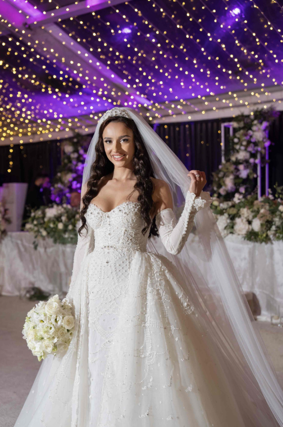 Gorgeous Sweetheart Neck Long Sleeve Beaded Lace Tulle Long Sweep Wedding Dress DP1868
